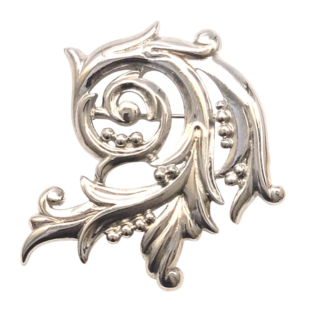 Signed Ginna Johnson Scroll Leaf Brooch Silver Tone Vintage